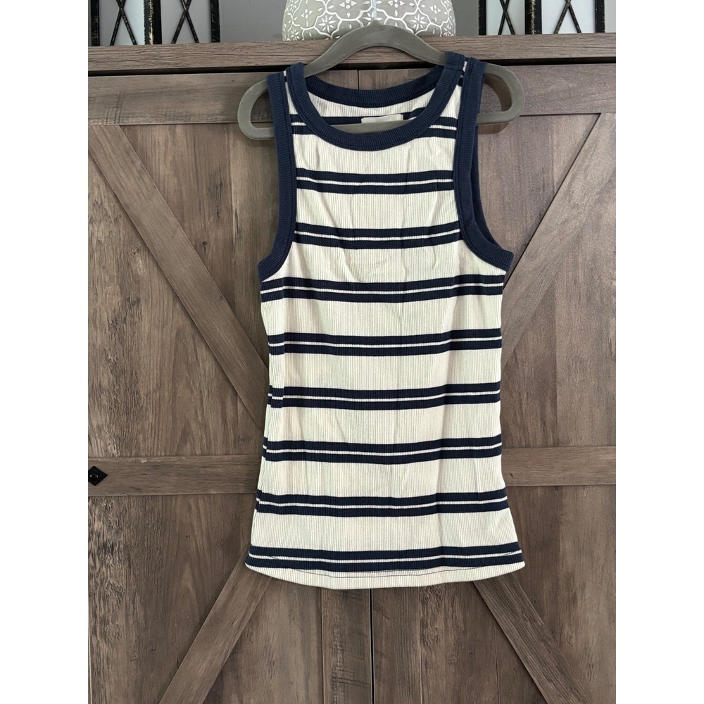 Thread & Supply Womens Ribbed Knit Tank Top Navy Blue White Striped Racerback S